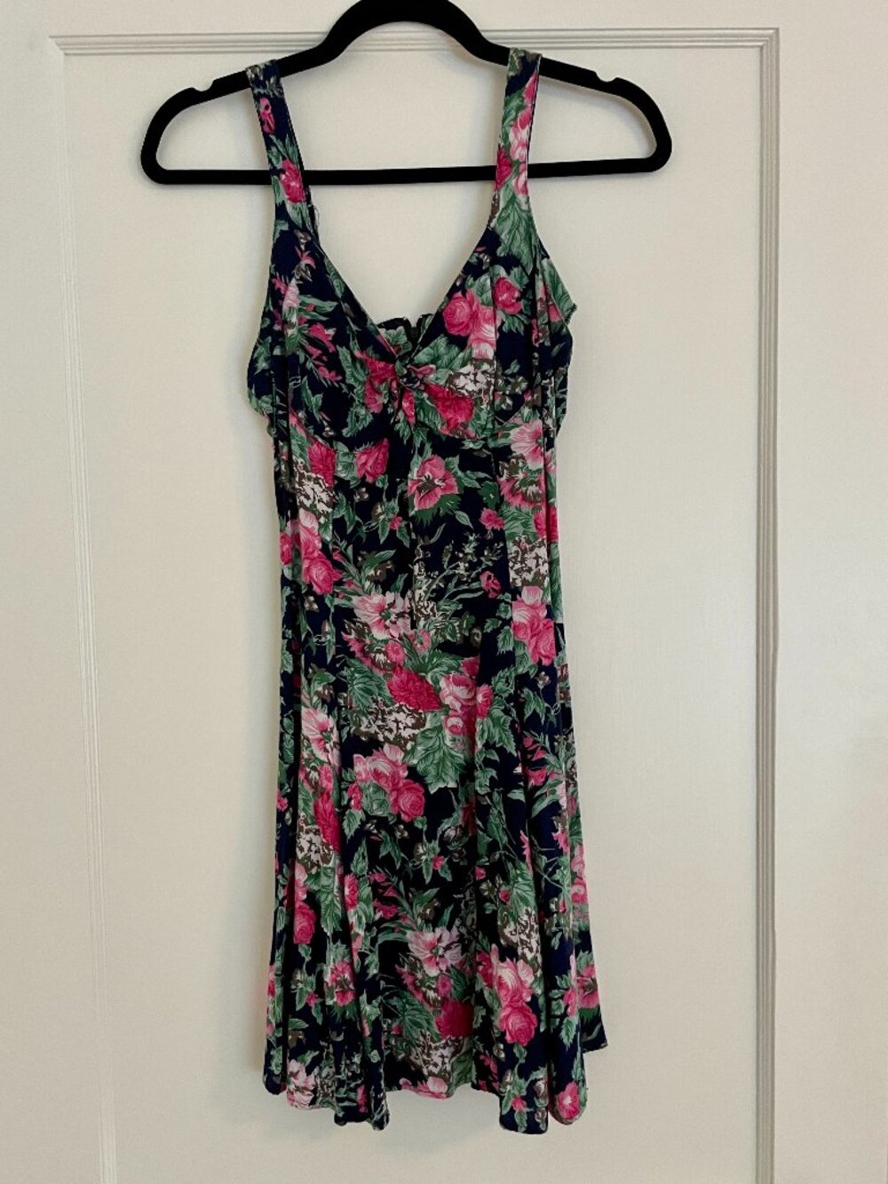 Vintage 90s Style Floral Sweetheart Mini Sundress Size XS Navy Pink Rose